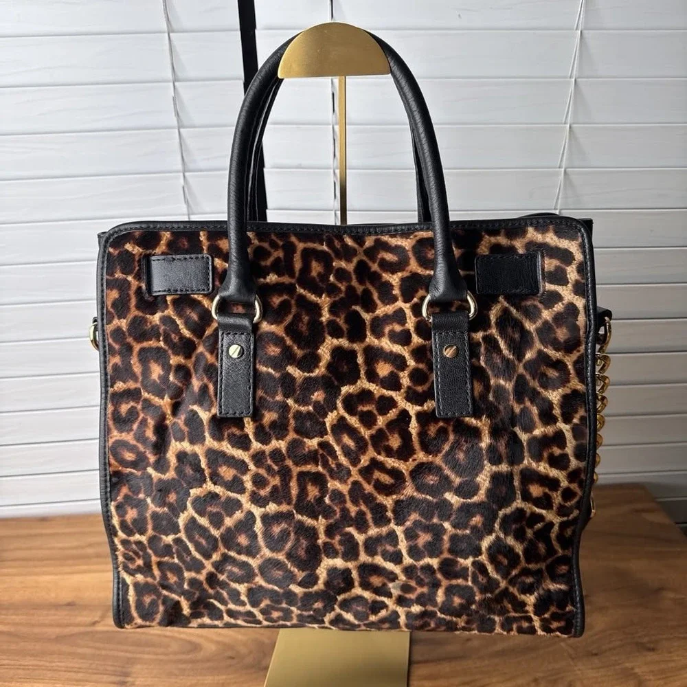 Michael Kors Hamilton Limited Edition Large Leopard Print Hair Calf Tote Black